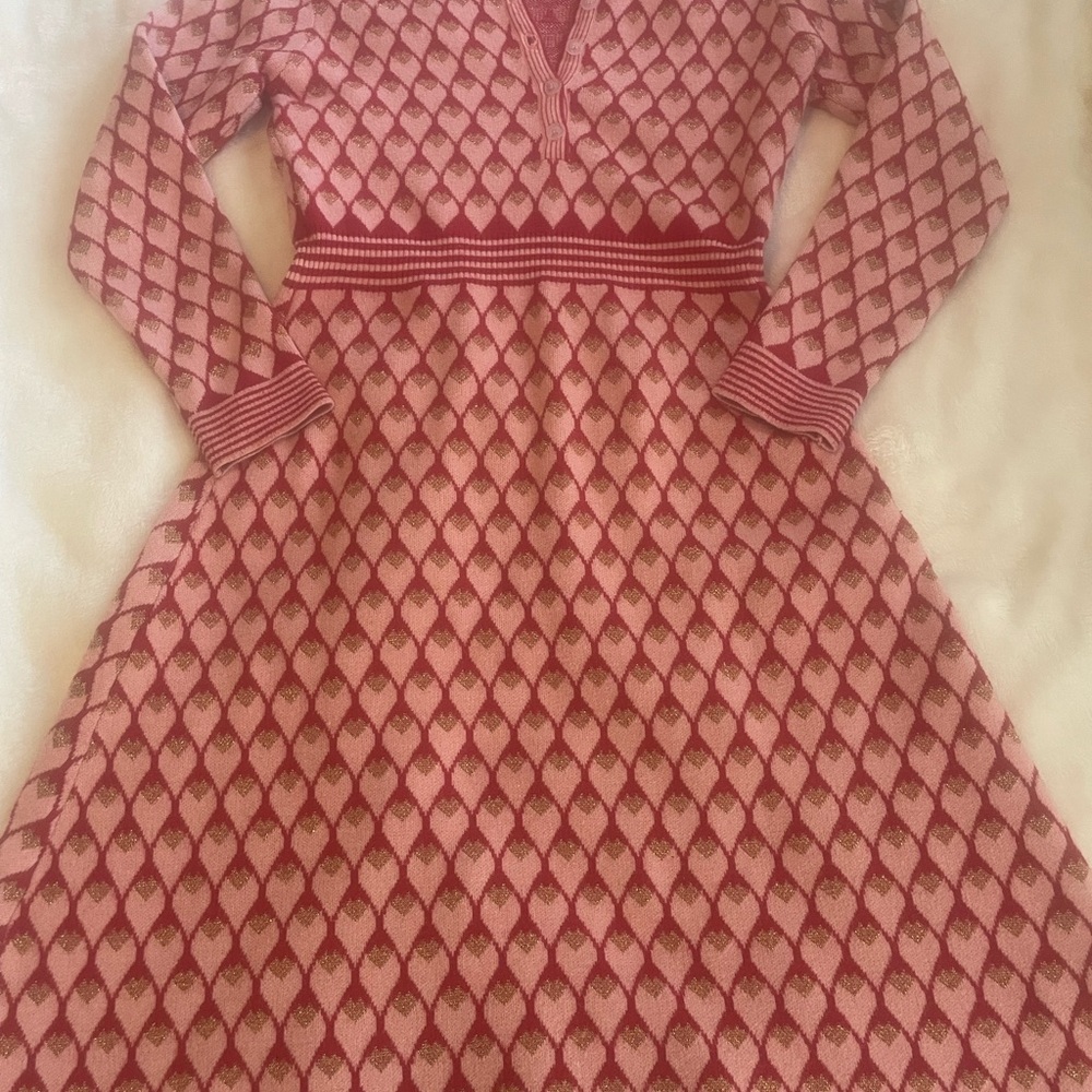 M sweater dress red pink gold hearts a-line fitted tapered feminine small ? - Picture 4 of 10